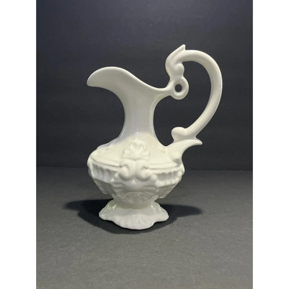 Vintage White Ceramic Pitcher Ewer Ornate Embossed Floral Made in Portugal 8
